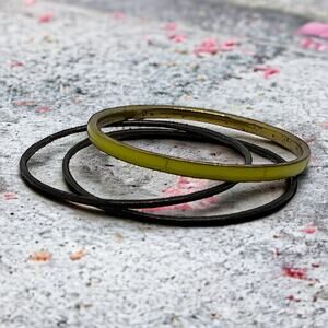 Vintage 70s Bangle Set Black Yellow-Green Mod Stackable Bracelets 3 Piece